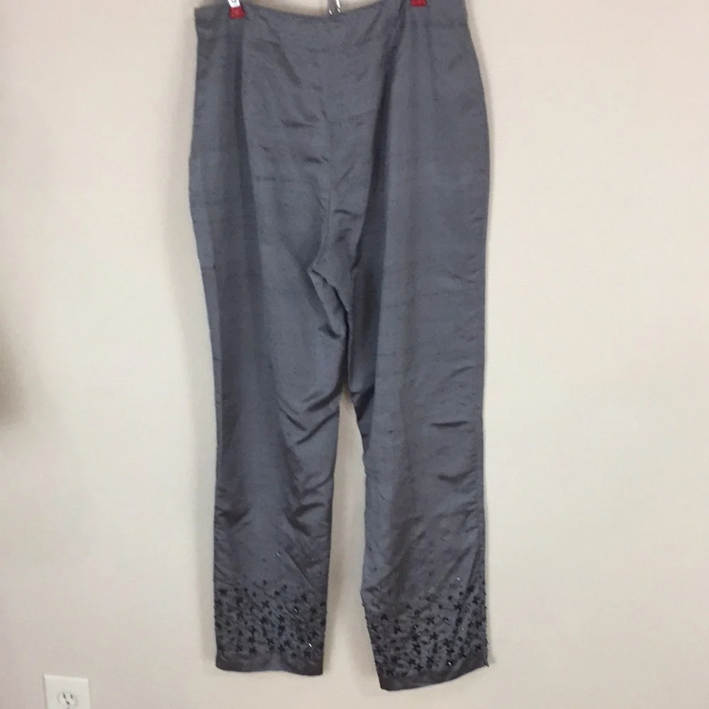 David Brooks Gray Silk Pants with Embroidery and Beading Size 8
